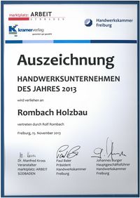 Auszeichnung zum Handwerksunternehmen des Jahres 2013